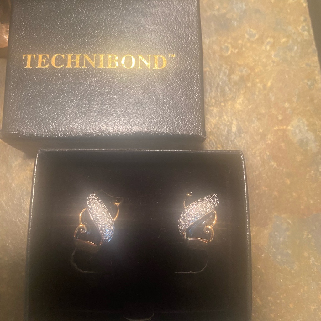 Technibond 925 Sterling Silver Gold And Black Clip On Earrings With Rhinestones
